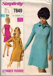 7849 SIMPLICITY 1968 DESIGNER SLEEVES OR NOT SHORTER A-LINE DRESS PATTERN  12 or 16